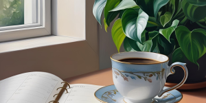 xícara de café ao lado de uma agenda em um ambiente organizado