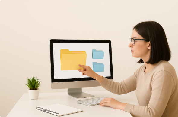 Organização digital de arquivos feita por uma mulher em um computador.